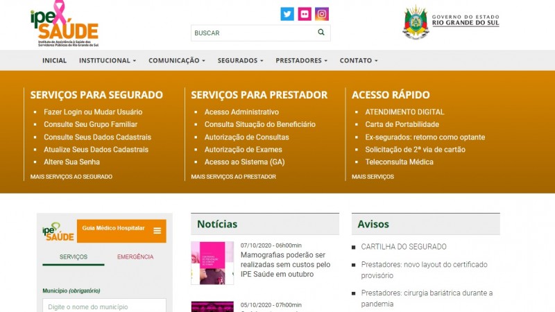 Reprodução da tela do site do IPE Saúde, com as seções "Serviços para o segurado", "Serviços para prestador" e "Acesso Rápido"