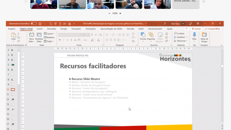 Imagem de slide da apresentação e miniaturas do palestrante e alguns participantes do encontro