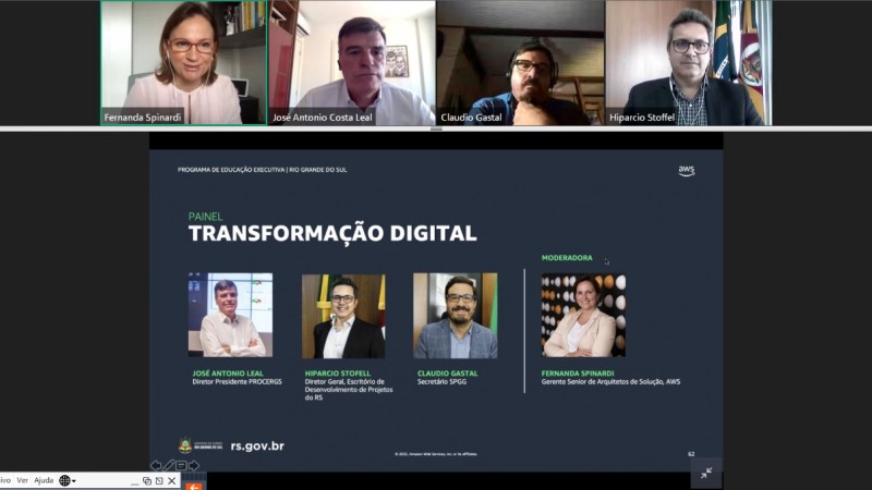 Slide do painel Transformação Digital e, em miniatura, os participantes Fernanda (moderadora), Leal, Gastal e Stoffel