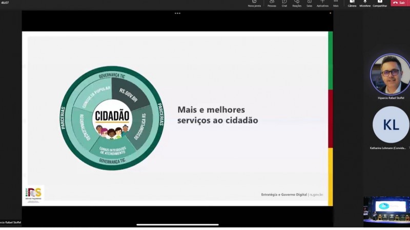 Imagem de slide da apresentação com a imagem da mandala de relacionamento do cidadão e a frase "Mais e melhores serviços ao cidadão"